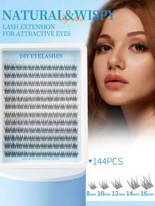 144 piezas Kit de extensiones de pestañas naturales con rizo D, 168 piezas Set de racimos de pestañas, extensiones de pestañas delicadas, pestañas individuales de 8-16mm, incluye pegamento para pestañas y pinzas para extensión de pestañas DIY en casa - D - Ver 3