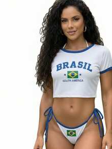 Kit Tri junto Brasilcore 3 Peças: Biquíni Cortininha + Cropped Baby Tee Look Blogueira– O Look Viral do Verão Praia e Piscina - Branco - Visão 2