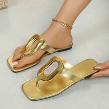 2026 Summer Metallic Thong Sandals Women Gold Square Toe Flat Minimalist Casual Vacation Sandals - Gold - View 2