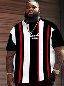 Plus Size Men's Striped Gradient Short Sleeve T-Shirt, Fashionable Casual Colorblock Letter Print T-Shirt, Plus Size Vertical Stripe Sports Tee For Summer - Multicolor - View 2