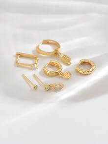 6pcs Elegant Feather Pendant Zirconia Earring Set, Suitable For Party, Holiday, Date Or Wedding - Yellow Gold - View 3