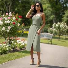 Women's Midi Tailored Dress With Front Slit And Waistband, Thin Straps, Longuette Length. Sizes P, M, G, GG. Formal Dress For Civil Weddings, Graduations, And Women's Events | Ref 2599 - 薄荷綠 - 查看 5