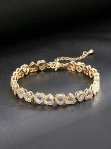 1 Piece New High-End Luxury Bracelet, Super Shiny, Full Of Diamonds, Heart-Shaped Spliced, European And American Style, Fashionable Adjustable Accessory For Women - 金色 - 查看 10