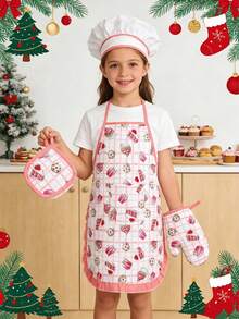 Pink Children's Apron Set - Adorable Chef Cooking & Baking Apron For Girls, Toddler Kitchen Role Play Costume With Hat, Gloves And Pockets, Ideal For Art, Cooking Classes, Birthday Gifts Or Halloween Costumes - Multicolor - View 4