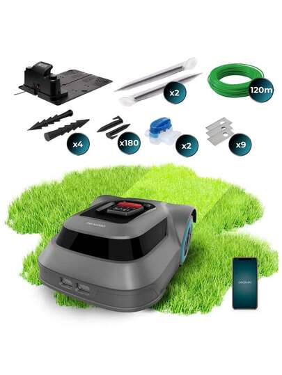 Cecotec Robot Rasaerba Conga GrassHopper Map Connected: Navigazione C-Tof per una rotta efficiente e precisa, copre superfici -fino- a 500 m² con motore digitale Brushless silenzioso. Sistema di Taglio Galleggiante per adattarsi a irregolarità e pendenze -fino- al 45%. Controllo App per gestire il taglio da remoto. Sistema Mulching per fertilizzare il terreno e protezione IPX6 contro climi avversi. Batteria da 2500 mAh con ricarica automatica e ripresa del taglio.