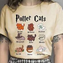 Basic Unisex Cotton Cats Witches Cats T-Shirt - 卡其色 - 查看 3