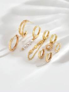 8pcs Elegant Zirconia Chain Pendant Earrings Set, Suitable For Party, Holiday, Date Or Wedding - Yellow Gold - View 2