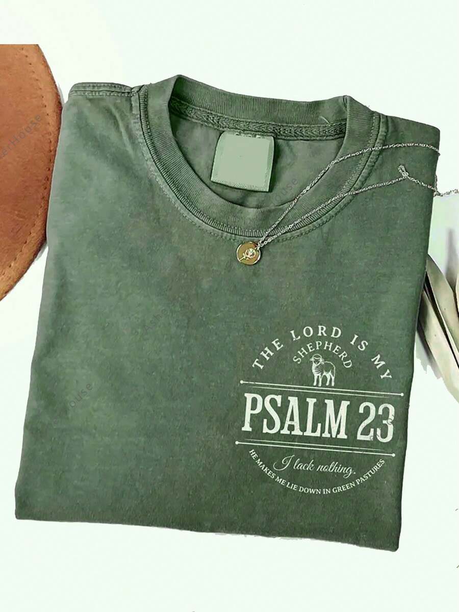 Graphic Tee - Casual Loose-Fitting Washed Cotton 230G Pure Cotton T-Shirt For Women's Summer Wear - Street Retro Distressed Style, Unisex Design - 軍綠色 - 查看 1