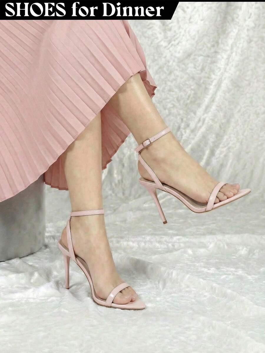 Baby Pink Barely There Strappy Heels For Women Open Toe Ankle Strap Stiletto Sandals Dress Shoes Wedding Bridesmaid Sandals - Hồng - Xem 1
