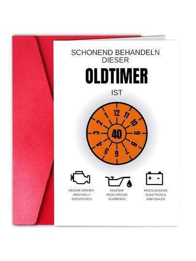 بطاقة عيد ميلاد "سيارة قديمة - 40 عامًا" - شارة TÜV الطريفة باللون البرتقالي والأسود - بطاقة تهنئة مضحكة للرجال في عيد ميلادهم ال- 40 - تتضمن مغلفًا