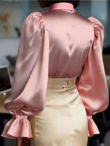 Camisa de satén con botones para mujer, de manga larga, cuello en V, manga farol, holgada, casual, para oficina y negocios, para primavera/verano/otoño - Rosa - Ver 3