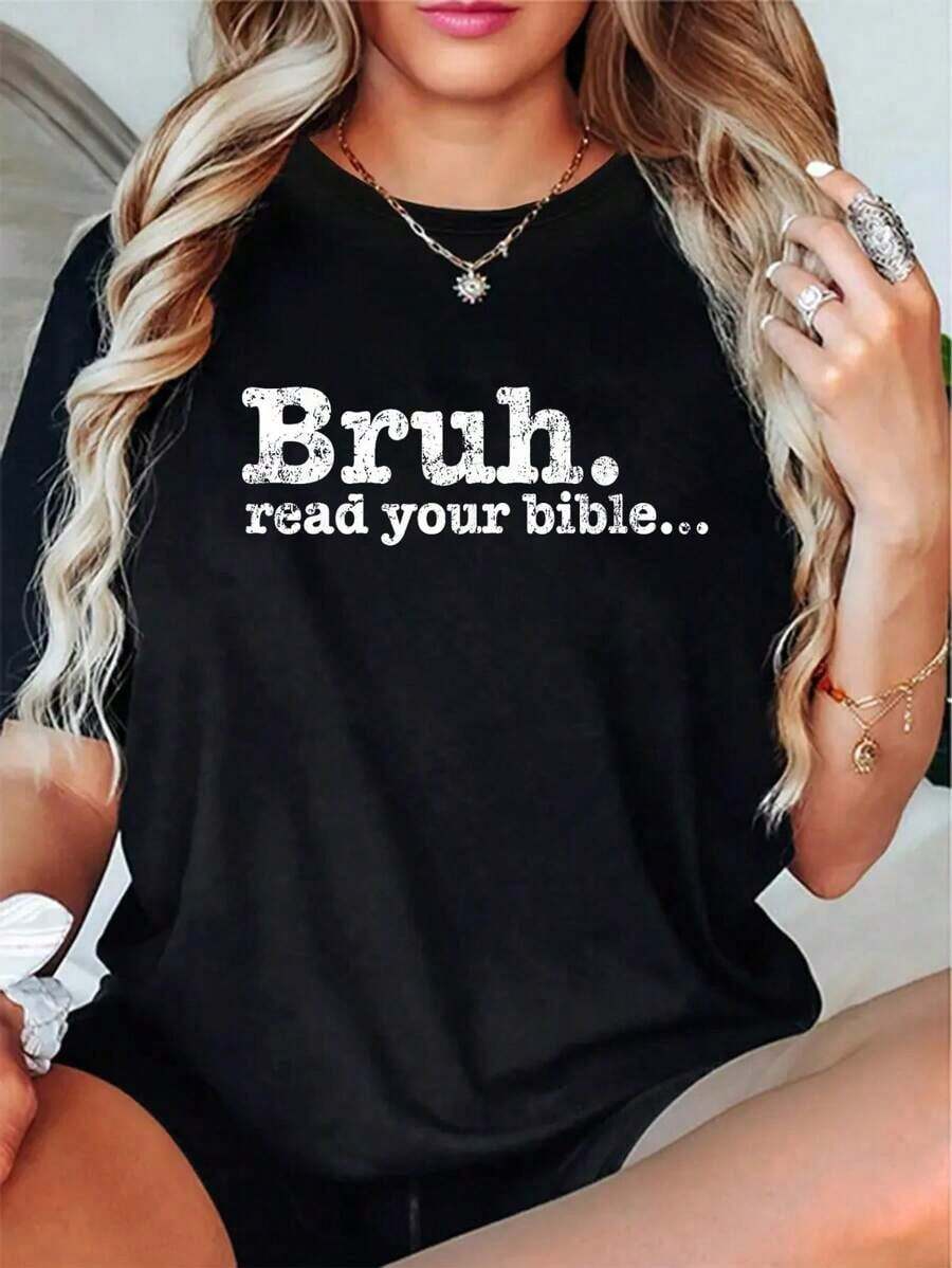 Funny Meme Bruh Read Your Bible Graphic Tees Women Crew Neck Short Sleeve Casual T-Shirt - Black - View 1