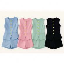 Women's 2-Piece Set - Tailored Shorts And Vest, Elegant And Sophisticated - 米色 - 查看 2