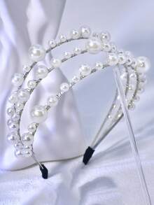 1件手工制作的优雅多层仿珍珠发箍，适合日常、派对、节日、舞会等场合佩戴。 - 銀色 - 查看 8