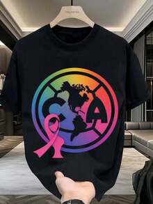 Camiseta de manga corta para hombres 100% suave con estampado de arcoíris y cinta rosa, cuello redondo, estilo casual para todas las estaciones - Negro - Ver 6