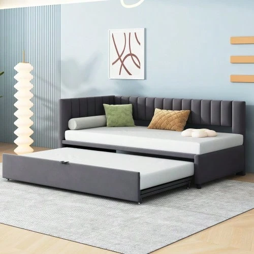 Divano multifunzionale a L con letto 90/180*200cm, Polsterbett in Samtstoff, platzsparendes Design für Kinderbett, Gästebett Grau - Grigio + Imbottito + 90cm*200cm - Visualizzare 1