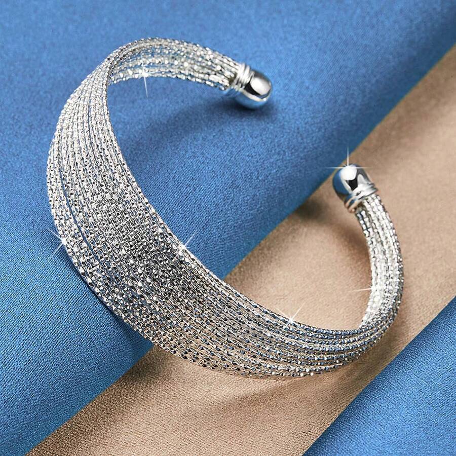 Elegant 925 Silver Plated Multiline Baby's Breath Star Bangles Fashion Adjustable Opening Design Bracelets Bangle For Women Girl Everyday Wear Holidays Gifts - Silver - View 1