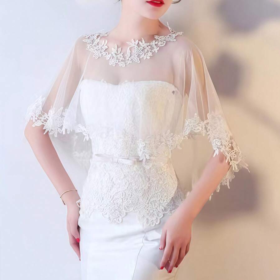 1pc Women's New Wedding Accessory Lace Shawl Cape Poncho - White - View 1