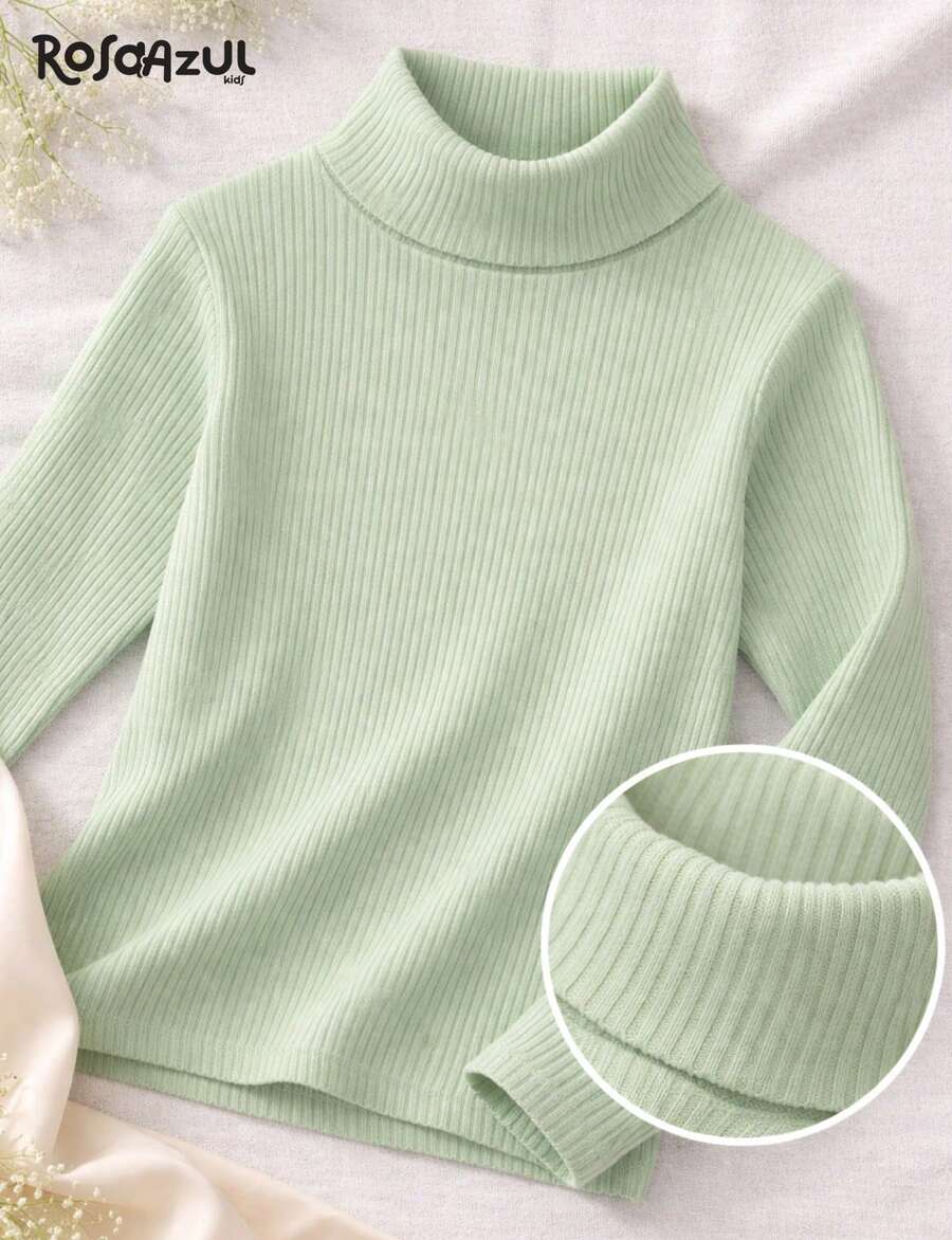 Children's Long-Sleeved High-Neck Ribbed Blouse - màu xanh lá - Xem 1