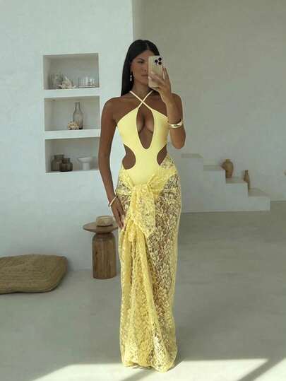 New Arrival Spring/Summer Casual Sexy Elegant Fashion Women's Yellow Solid Color Hollow Design Halter One-Piece Swimsuit With Beach Cover-Up Skirt Set, Suitable For Beach, Vacation, Party