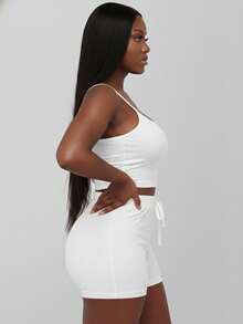 Curvy Rib Knit Camisole Crop Top And Shorts Two Piece Set Elegant Party Boho Style Plus Size Outfit - 白色 - 查看 2