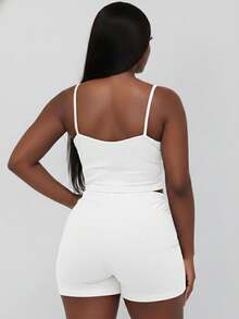 Curvy Rib Knit Camisole Crop Top And Shorts Two Piece Set Elegant Party Boho Style Plus Size Outfit - 白色 - 查看 3