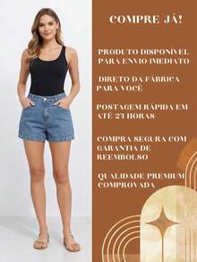 Women's High-Waisted Denim Shorts With Folded Hem, Casual Summer Style - 中等水洗藍 - 查看 3