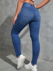 High Waist Skinny Jeans For Women Blue Distressed Knee Ripped Denim Trousers - 藍色 - 查看 2