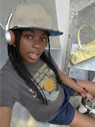 1pc Girls Casual "Born For Summer" Letter & Surfboard Print Short Sleeve T-Shirt, Comfortable Breathable Round Neck Top For Summer Holiday Beach