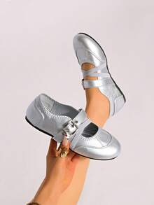 女士新款搭扣套脚纯色经典休闲户外办公套装搭配外套专业舒适平底运动鞋芭蕾平底鞋 - 銀色 - 查看 1