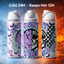 24 Oz Insulated Water Bottlea Spooky Vibes Halloween Skeleton Hand Peace Sign Skull Lightning Bolt Checkerboard Bat Spider Web Graphic Pastel Goth Aesthetic Gift For Women Teens Friends Gothic Spooky Season Party Birthday Present Accessory Decor - 24oz 1pc - 查看 5