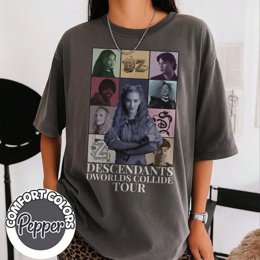 Descendants Worlds Collide Tour Comfort Shirt, Descendants Zombies Oufit, Trending Tee, Disneyland V - 黑色 - 查看 1