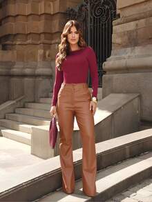 Elegant Wide Leg Straight Leather Pants - New Release - 摩卡棕 - 查看 1