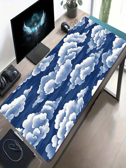 1pc Large Size E-Sports Gaming Mouse Pad, Blue Background With Floating Cloud Japanese Style Pattern, Non-Slip Washable Rubber Bottom, Oversized Desk Mat For Office, Dorm, Holiday, Birthday Gift, Compatible With Mouse & Trackball