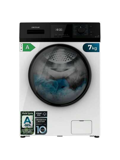 Cecotec Máquina de lavar roupa Bolero Dresscode 7411 C--tec de carregamento frontal, 7 kg, motor Inverter Plus, 16 programas, SteamMax para esterilização avançada, autolimpeza Drum Clean, Allergy Care para pele sensível, função Stop&Go para maior flexibilidade, trava de  para crianças e modo  para economia de energia.