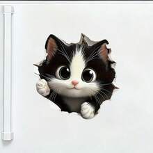 Curious Little Kitty Bursting Through The Fridge! Black & White Cat With Tiny Paws Peeking Over, Innocently Curious Expression & Kawaii Style - A - View 1