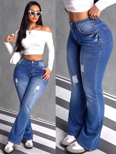 Jeans de Campana de Color Azul Oscuro con Rotos para Mujer, Pantalones Retro y Ajustados