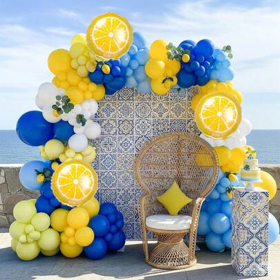 128pcs Lemon Theme Balloon Arch Kit, Includes Lemon Foil Balloons, Yellow, Blue And White Latex Balloons. Suitable For Birthday Party, Baby Shower, Engagement, Bridal Shower, Wedding Decoration, 1st Birthday Party And Lemon Theme Party Decor.