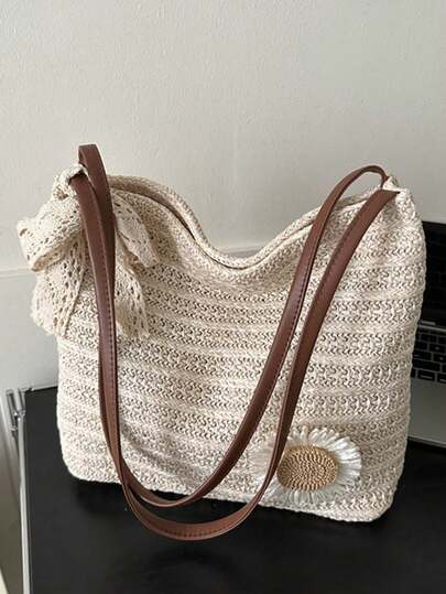 1个奶油色蕾丝蝴蝶结+向日葵装饰草编+PU皮革肩带大容量敞口波西米亚风手提包，非常适合夏季海滩度假