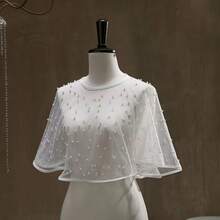 1pc Women's New Arrival European And American Elegant Faux Pearl Bridal Headpiece, Graceful Faux Pearl Tulle Polka Dot Veil - White - View 1