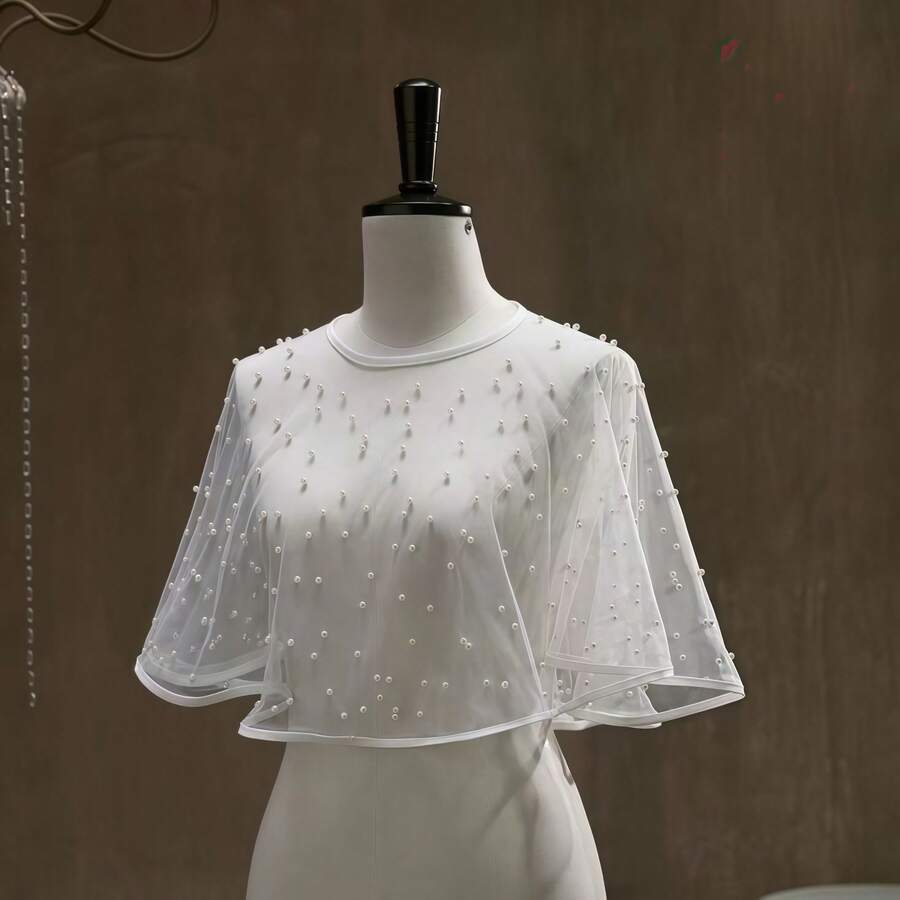 1pc Women's New Arrival European And American Elegant Faux Pearl Bridal Headpiece, Graceful Faux Pearl Tulle Polka Dot Veil - White - View 1