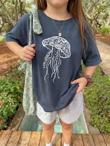 1件女童休闲水母印花圆领短袖T恤，夏季学生童装 - 深灰色 - 查看 1