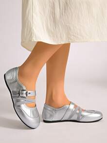 女士新款搭扣套脚纯色经典休闲户外办公套装搭配外套专业舒适平底运动鞋芭蕾平底鞋 - 銀色 - 查看 4