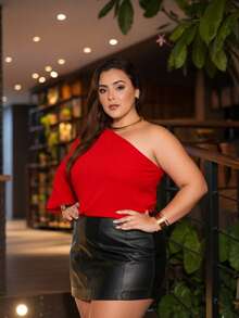 Women's Plus Size Brown One-Sleeve Blouse, Boho Style, Adjustable Elastic Waistband, Godet Sleeves, Cropped Top, Loose Fit, Casual And Elegant. - 紅色 - 查看 2