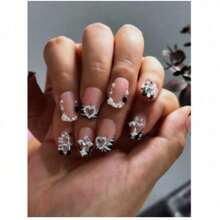 Y2K 24Pcs Set French Style Black & White Tie Dye Polka Dot Press-On Nails, Reusable, With Bowknot, Star Rhinestones, Cute & Chic, Suitable For Dates, Spring, New Year, Christmas, Daily, Birthday, Festival, Spring/Summer New Arrival Nail Supplies Nails - 彩色 - 查看 3