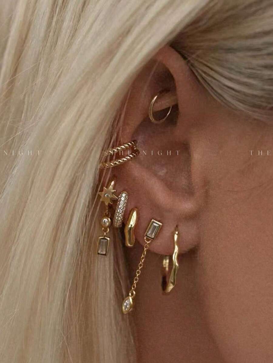 7件套优雅锆石星形吊坠耳环套装，适合派对、节日、约会或婚礼佩戴。 - 金黃色 - 查看 1