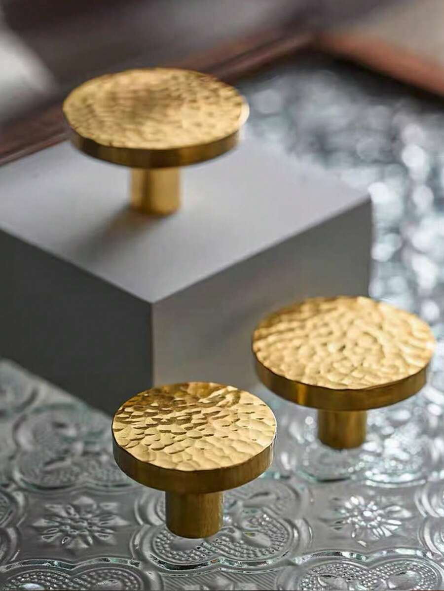 5pcs Handmade Hammered Copper Alloy Pull Handles, Solid Copper Gold Round Knobs, Suitable For Wardrobe, Cabinet, Drawer, Dresser, Furniture, Free Screws Included