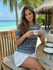 Embroidered Short Sleeve Blouse, Slimming & Unique Design, Spring/Summer 2026 New Arrival - Navy Blue - View 6