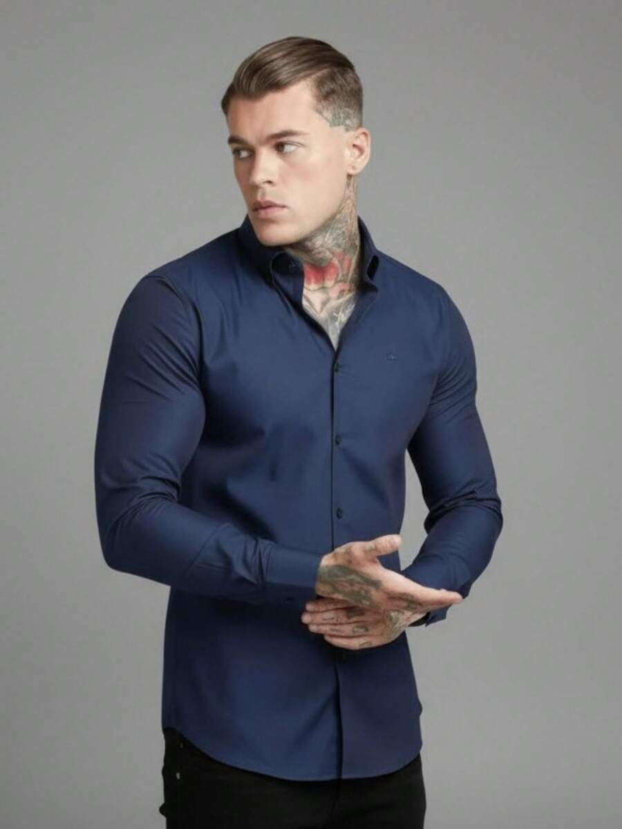 Men's Long-Sleeved Slim Fit Dress Shirt - 藏蓝色 - 查看 1