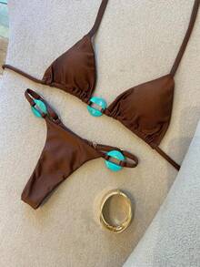 New Women's Fashion Round Ring Decor Halter Split Bikini Set Set, Suitable For Beach, Vacation, Date, Party In Spring/Summer - Brown - View 4